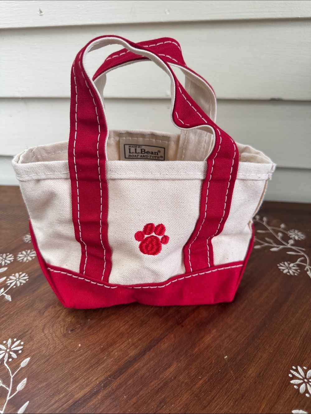 Vtg L.L. Bean Mini Canvas Tote in Red and Cream with Paw Embroidery